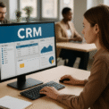 Employée de PME utilisant un logiciel CRM dans un bureau moderne