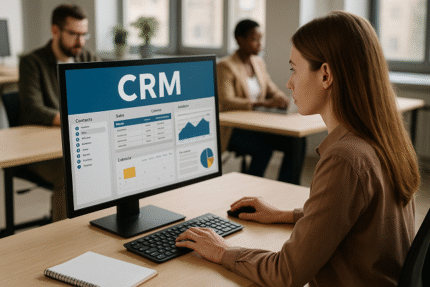 Employée de PME utilisant un logiciel CRM dans un bureau moderne