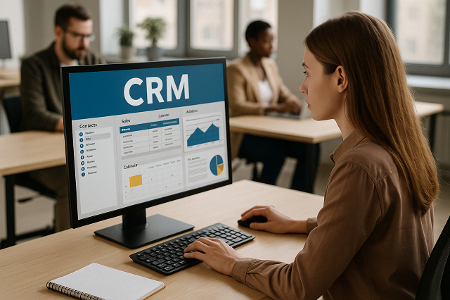 Employée de PME utilisant un logiciel CRM dans un bureau moderne