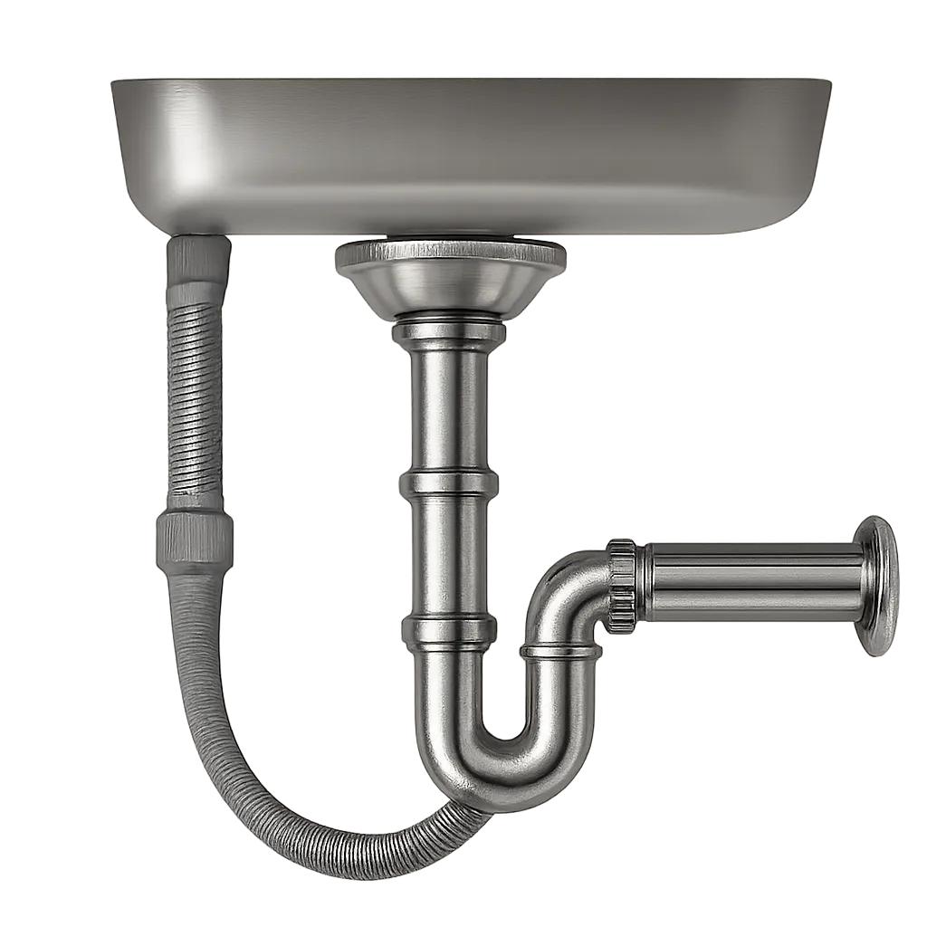 Illustration d’un siphon pour évier moderne sous un meuble de cuisine. L’image met en avant un équipement propre, durable et pensé pour limiter les bouchons et les mauvaises odeurs.