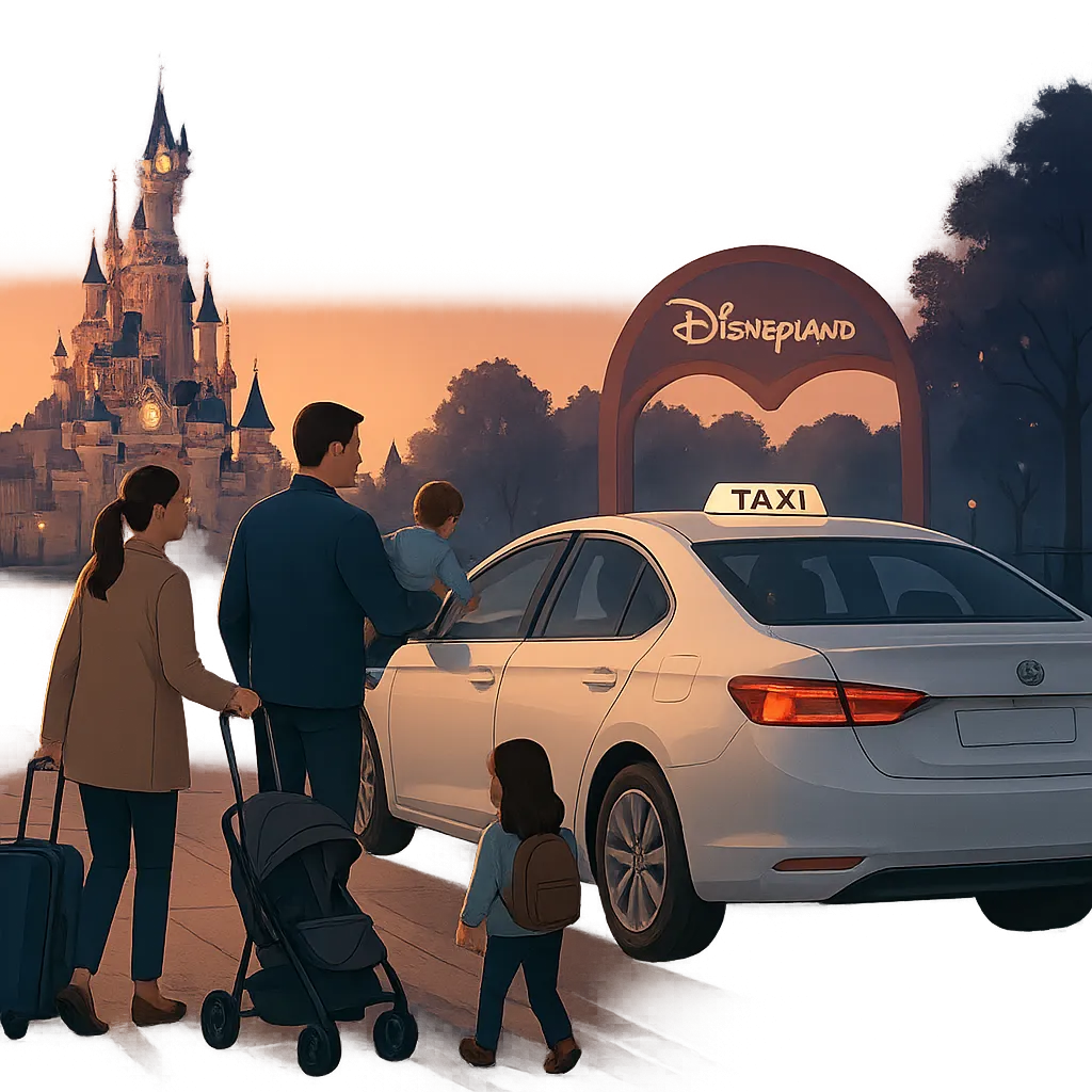 Une famille rejoint un taxi identifiable à la sortie de Disneyland Paris pour un transfert calme et sécurisé. L’image évoque un service fiable, pratique et adapté aux voyageurs avec bagages.
