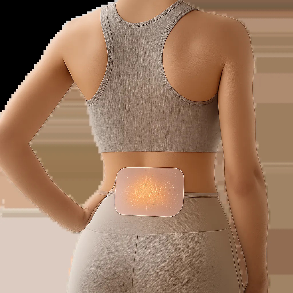 Un visuel sobre montrant l’usage discret d’un patch chauffant sur une zone précise du dos. L’image évoque la chaleur ciblée, la détente musculaire et le confort au quotidien.