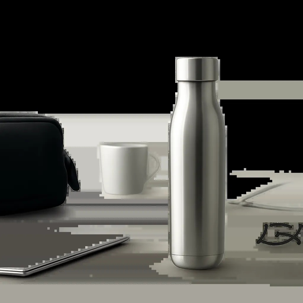 Une bouteille isotherme premium mise en scène dans un univers sobre et moderne, évoquant le bureau, le sport et le voyage. L’image suggère la fiabilité, la simplicité d’entretien et l’usage quotidien.